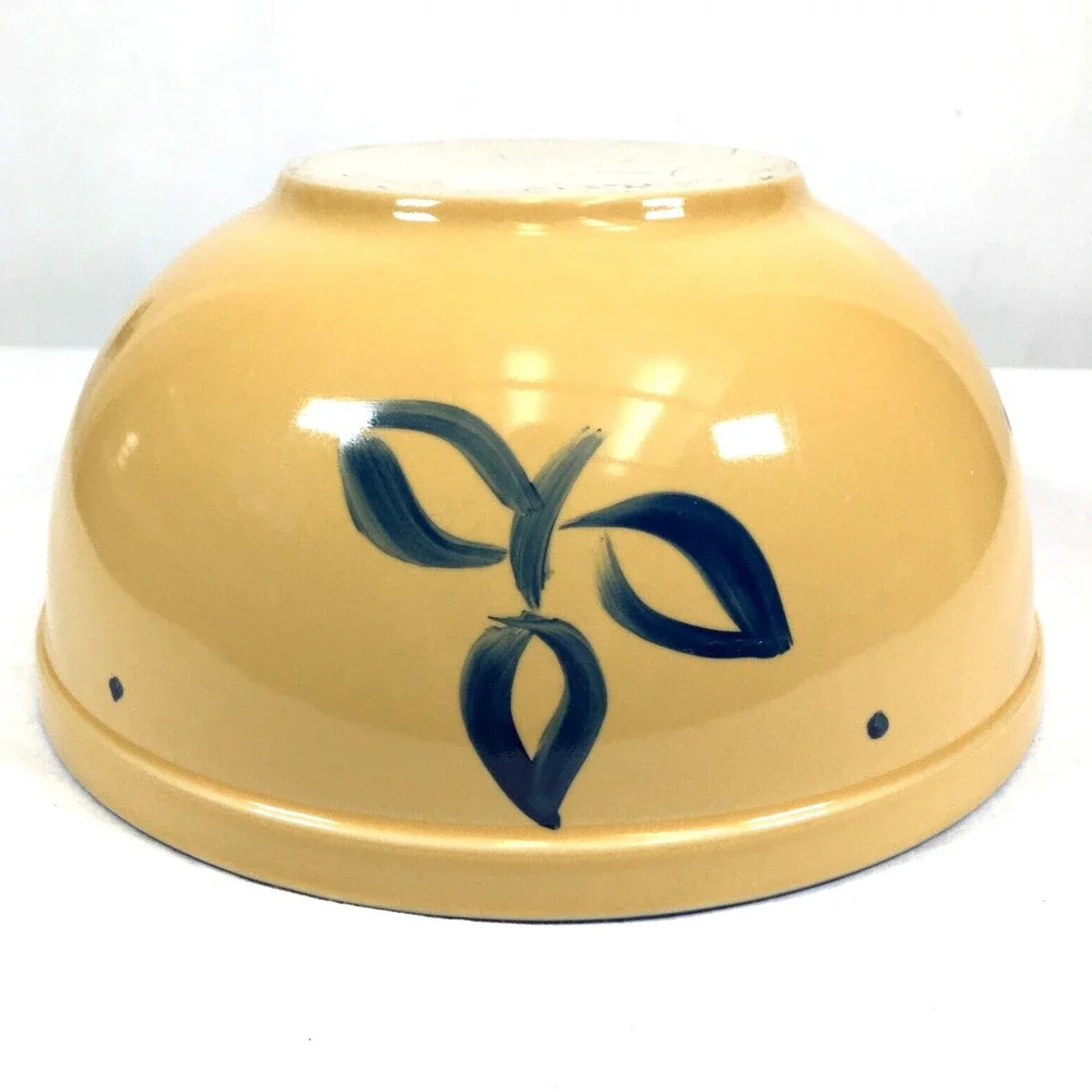Vtg Yellow Ware Ceramic Blue Floral Leaf 8.5